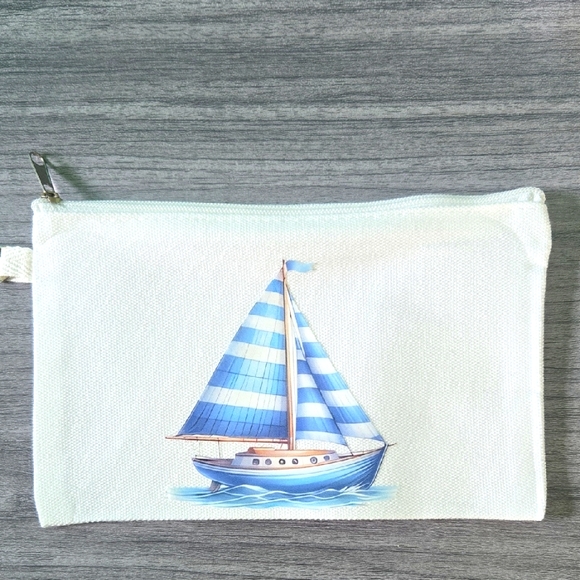 Sailboat Zippered Makeup Bag New Without Tags White Blue Summer Beach Travel - Picture 1 of 4